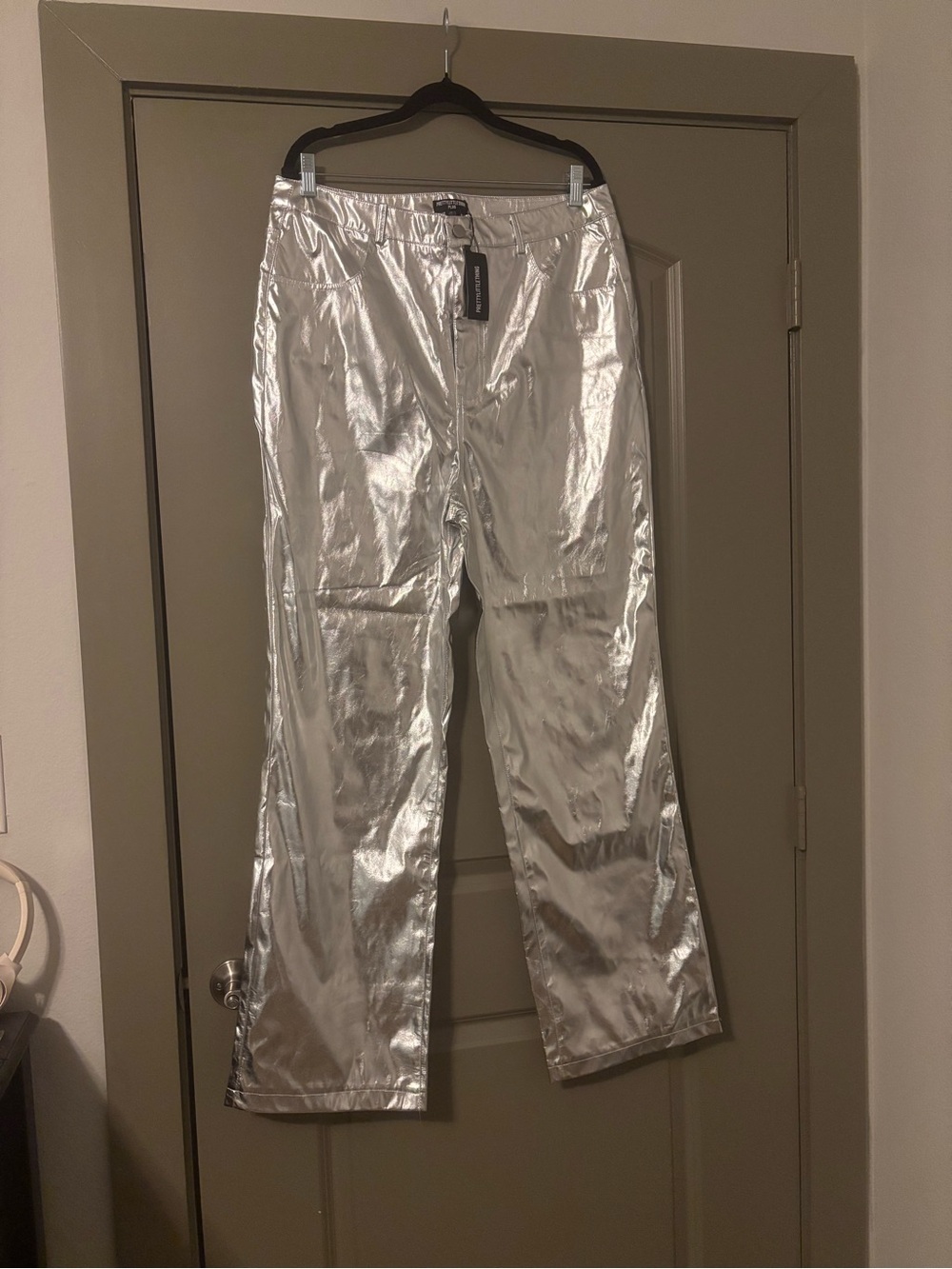 PrettyLittleThing Plus Silver Metallic Straight Leg Pants US 12 NWT Y2K